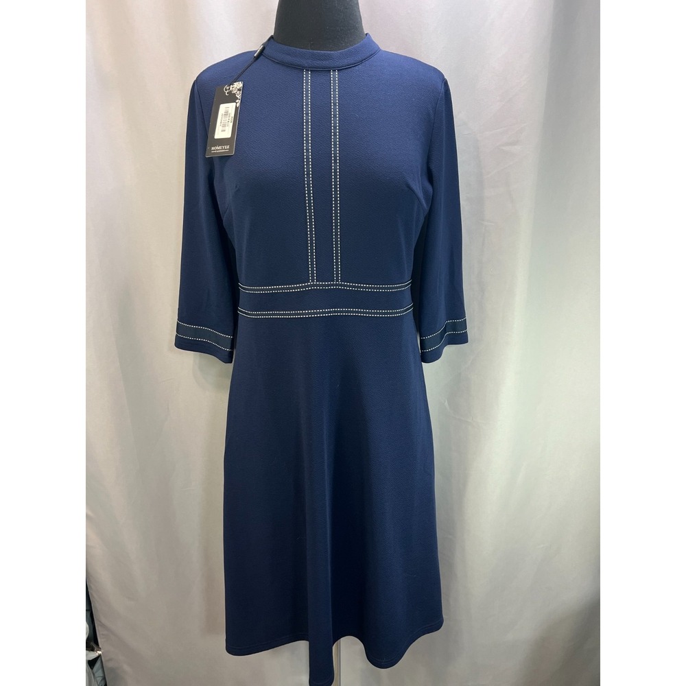 Homeyee A Line Dress Womens 6 Navy Stretch Contrast Stitching Back Zip Cocktail